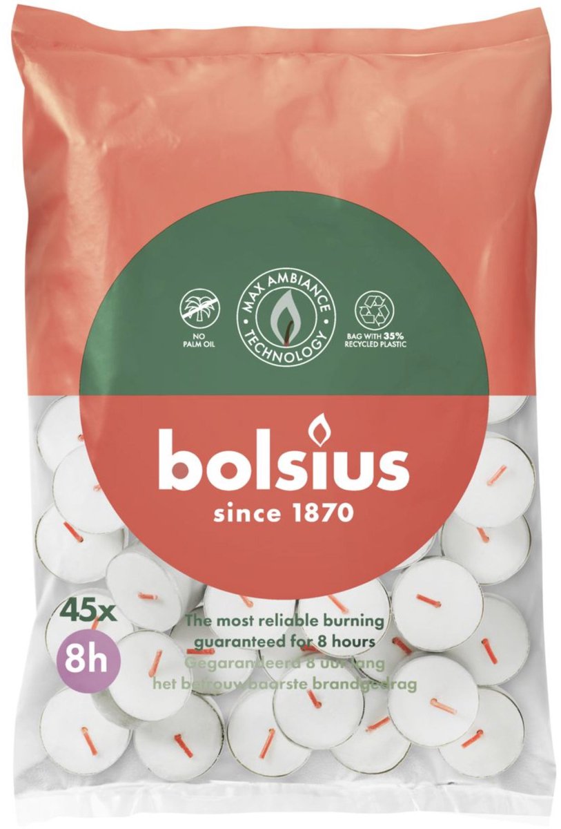 Bolsius Theelichten Wit 8 branduren 45 stuks