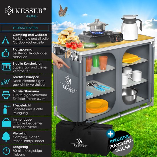KESSER® Campingkeuken Opvouwbaar - Campingkast inclusief Opbergtas - Kampeerkeuken Kampeerkast Camping Keuken - Grijs / Typ F6 — afbeelding 3