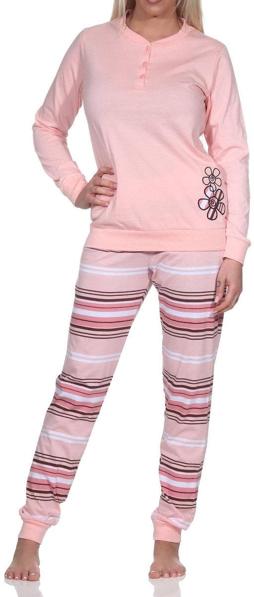 Normann damespyjama lang met manchetten en gestreepte broek - ook in oversizes rosa