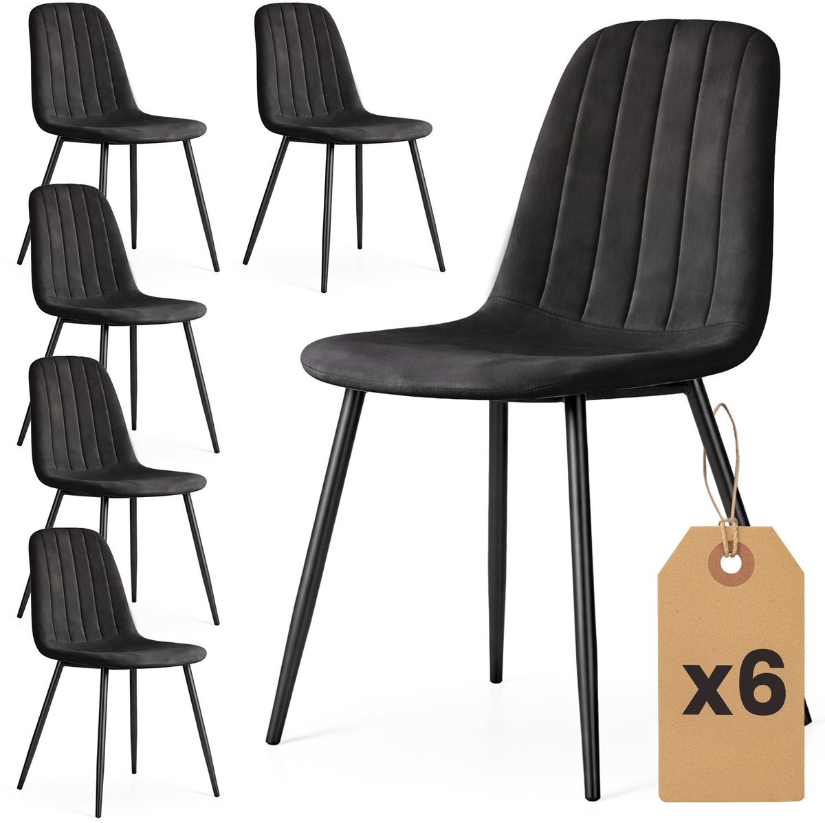 Set van 6 Eetkamerstoelen LUMO / Gestoffeerde Stoelen / Fluwelen Stoelen en Metalen Poten / Zwart met zwarte benen
