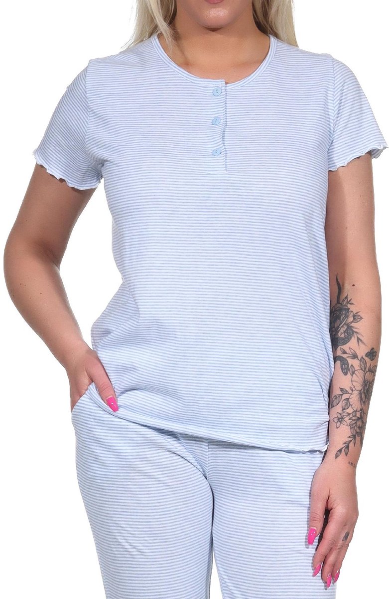Normann Dames pyjama Top T-shirt met korte mouw mix & match in streepjes look - 122 220 90 903 hellblau