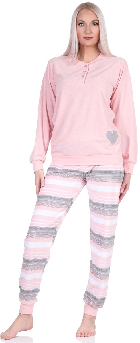 Normann Mooie dames badstof pyjama lange mouw met manchetten en hartjesmotief en gestreepte broek rosa