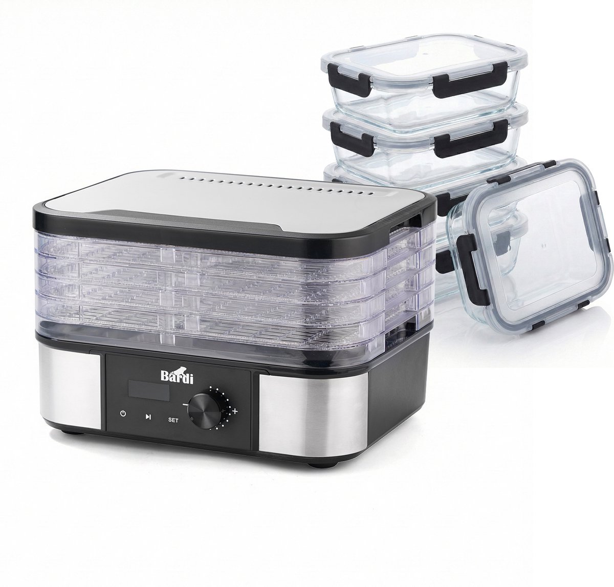 Bardi Professionele Voedseldroger - Elektrisch 350 Watt - 5 Laags RVS Trays - 9 Hitte-niveaus - 35°C tot 75°C - LCD Display - Timer - RVS/Zwart Met 5 delige glazen meal prep bakjes en 10 wondersponzen