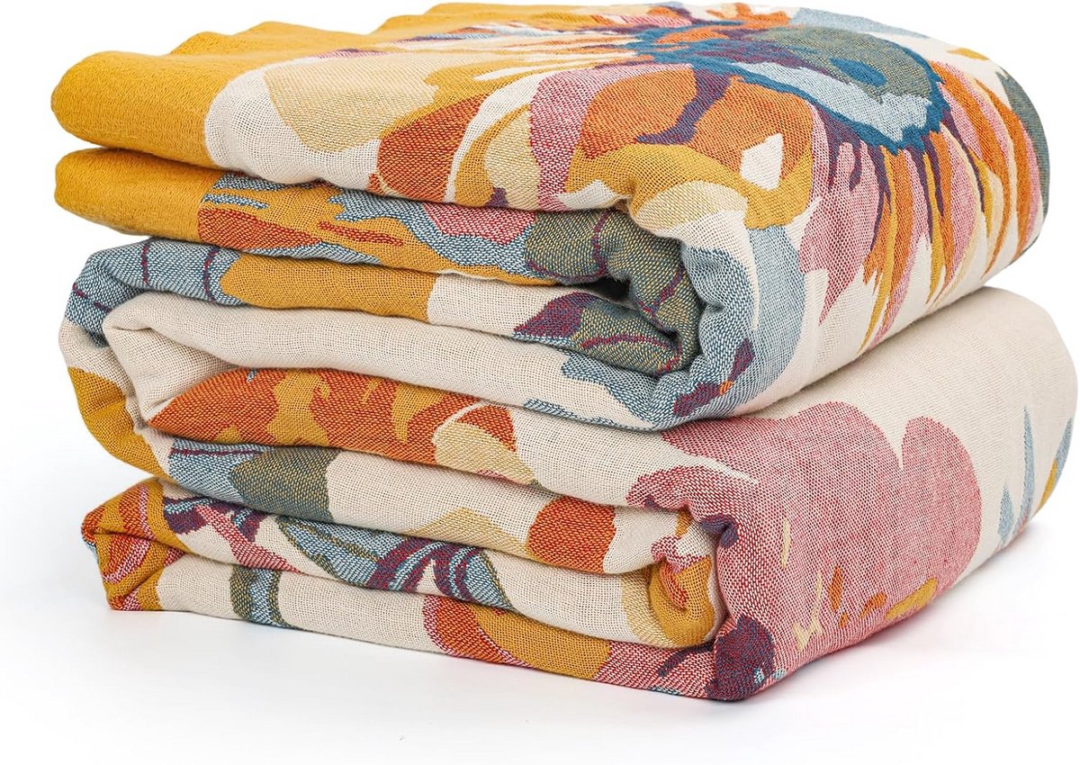 Boho Plaid 100% Katoen - Zachte Sierdeken met Bloemen en Kwastjes - Tweepersoons Sprei voor Bank en Bed - 152x203 cm
