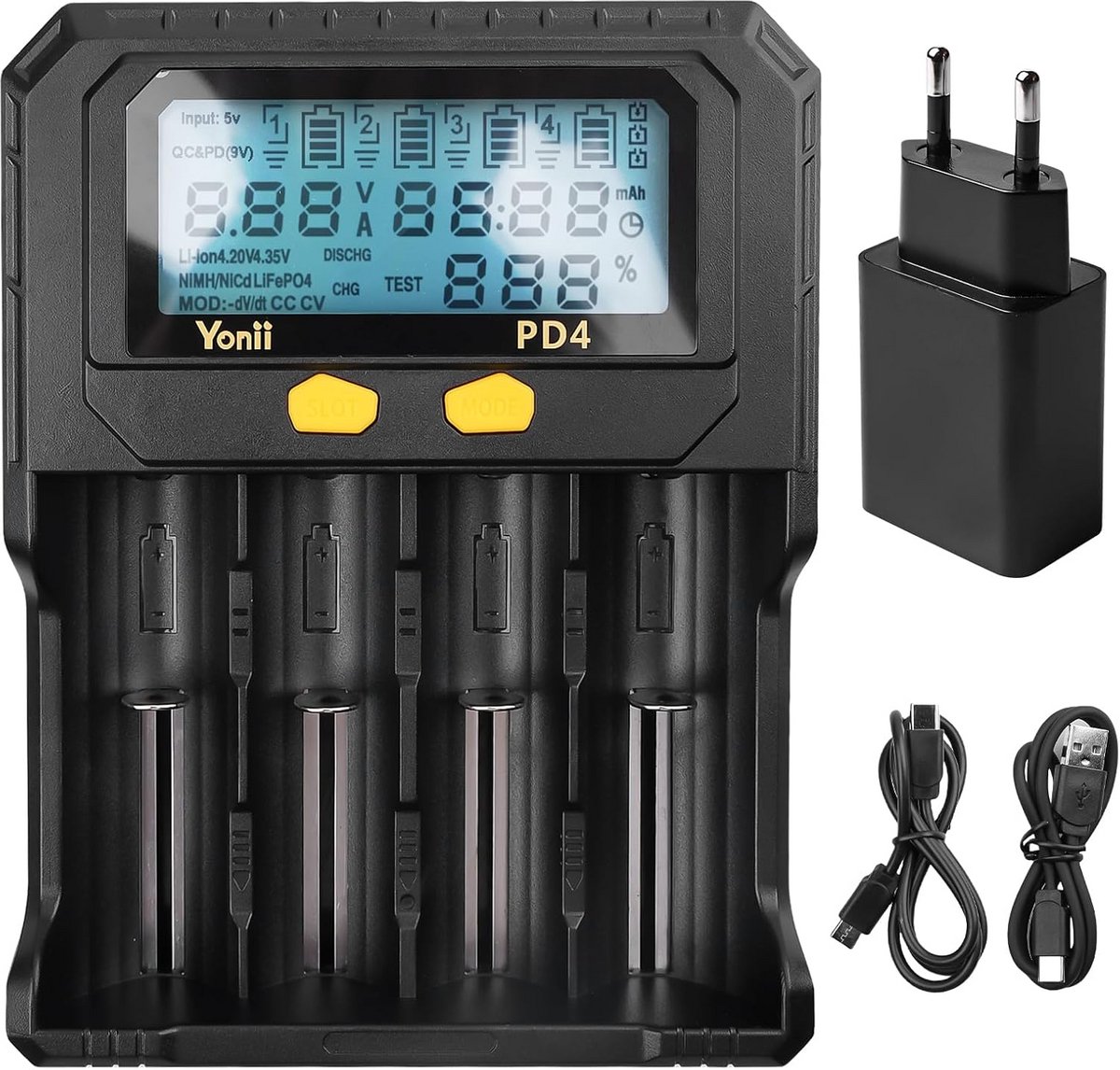 Universele 4-Slot Batterijlader met LCD Display - Geschikt voor 18650, Ni-MH en meer