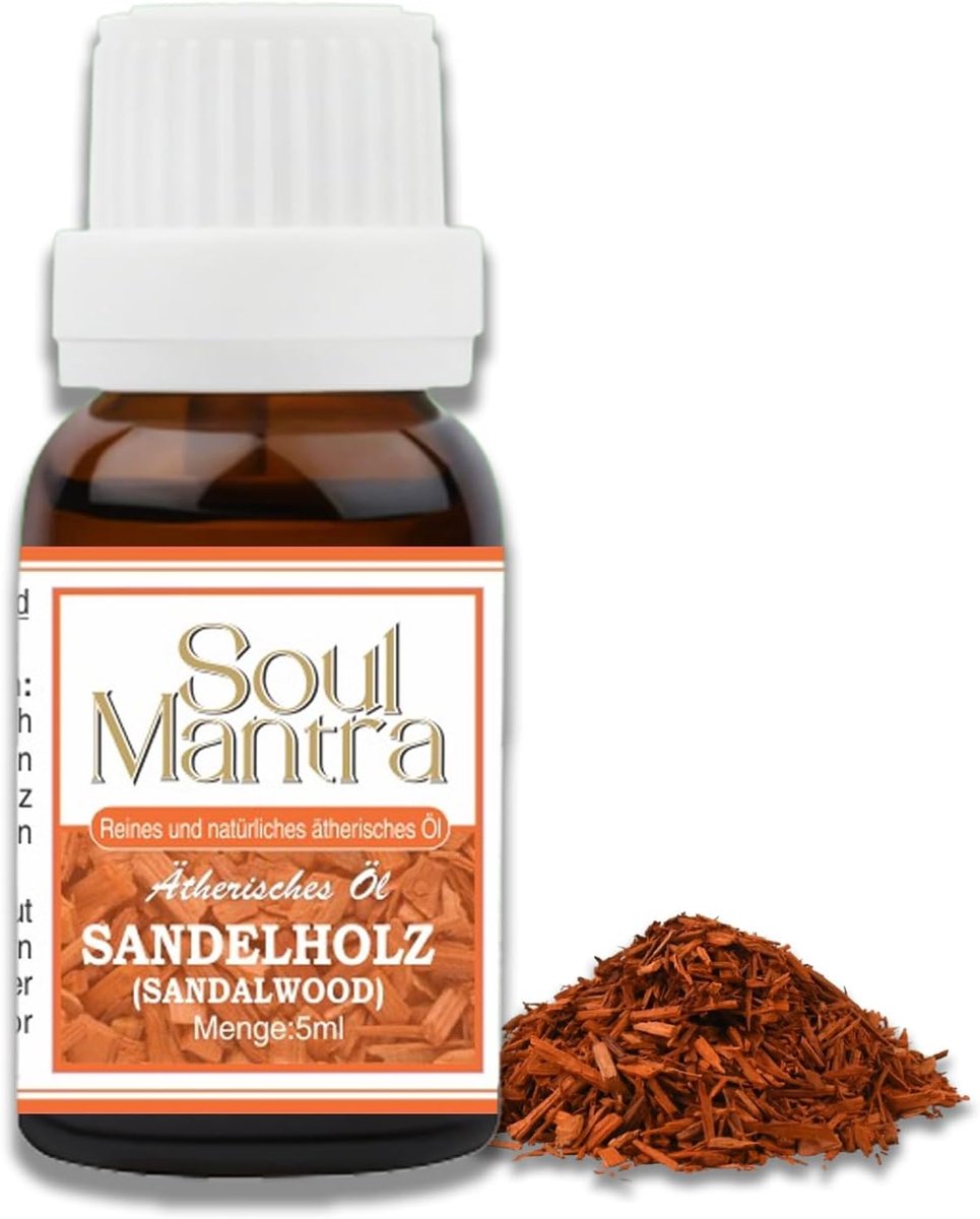 Soul Mantra Sandelhout Essentiële Olie 30ml - 100% Puur - Voor Aromatherapie, Huidverzorging en Sterk Haar - Natuurlijke Etherische Olie met Kajal Sticker