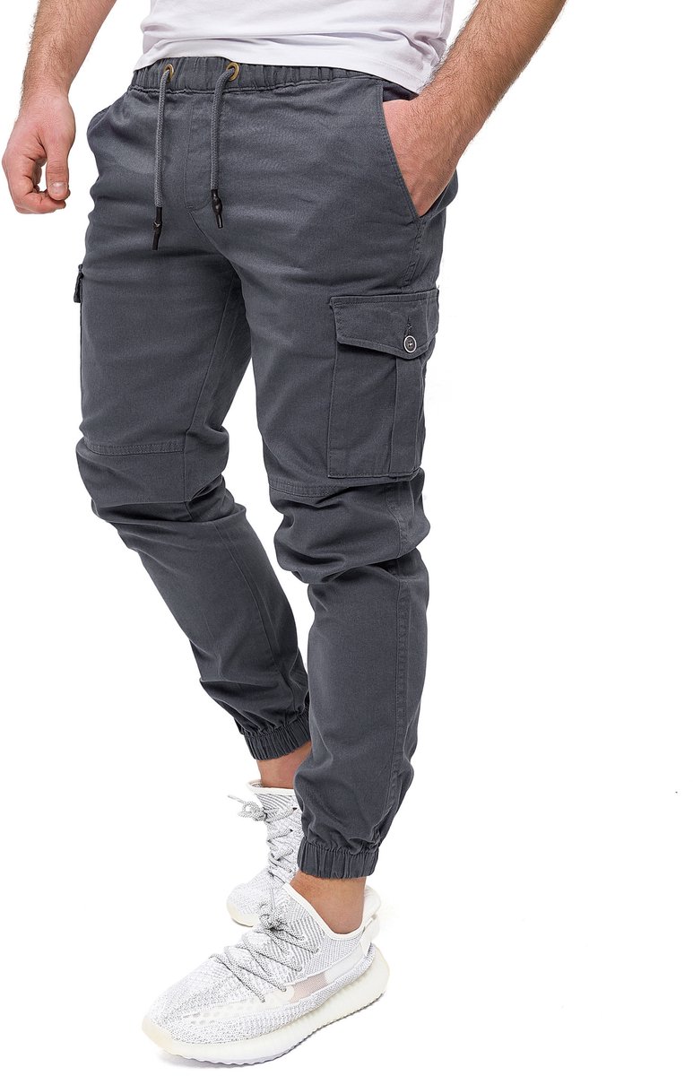 PITTMAN Heren Cargobroek Darius – Tapered Fit – Katoen Stretch – Grijs – Koordsluiting