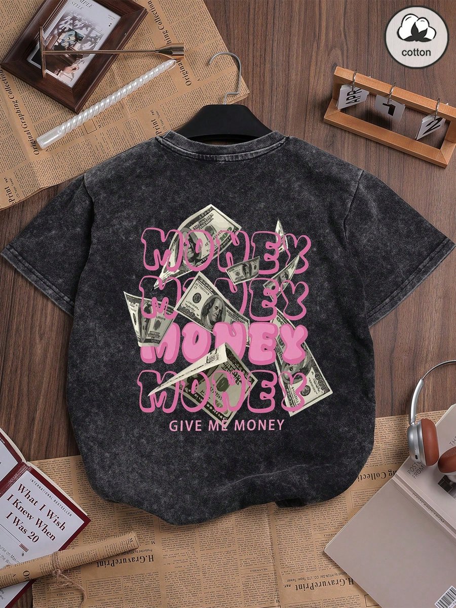 Trendy Vintage Washed Katoenen T-shirt met Opvallende Money Print en Korte Mouwen voor Stijlvolle Casual Looks -XL Donkergrijs Acid Wash