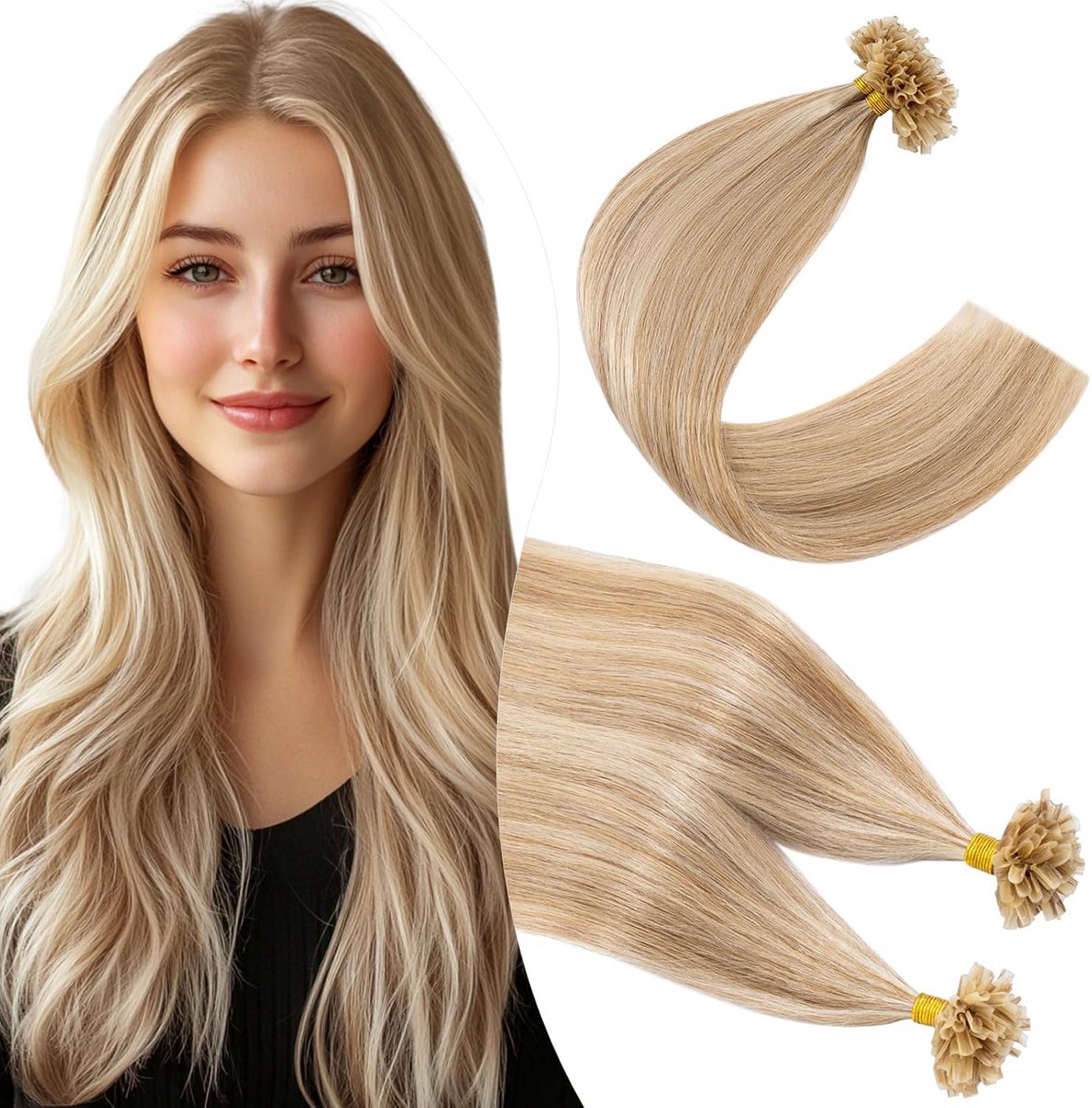 Keratine U-Tip Extensions Menselijk Haar Steil 100 Strengen 40cm 0.5g Lichtblond Mix
