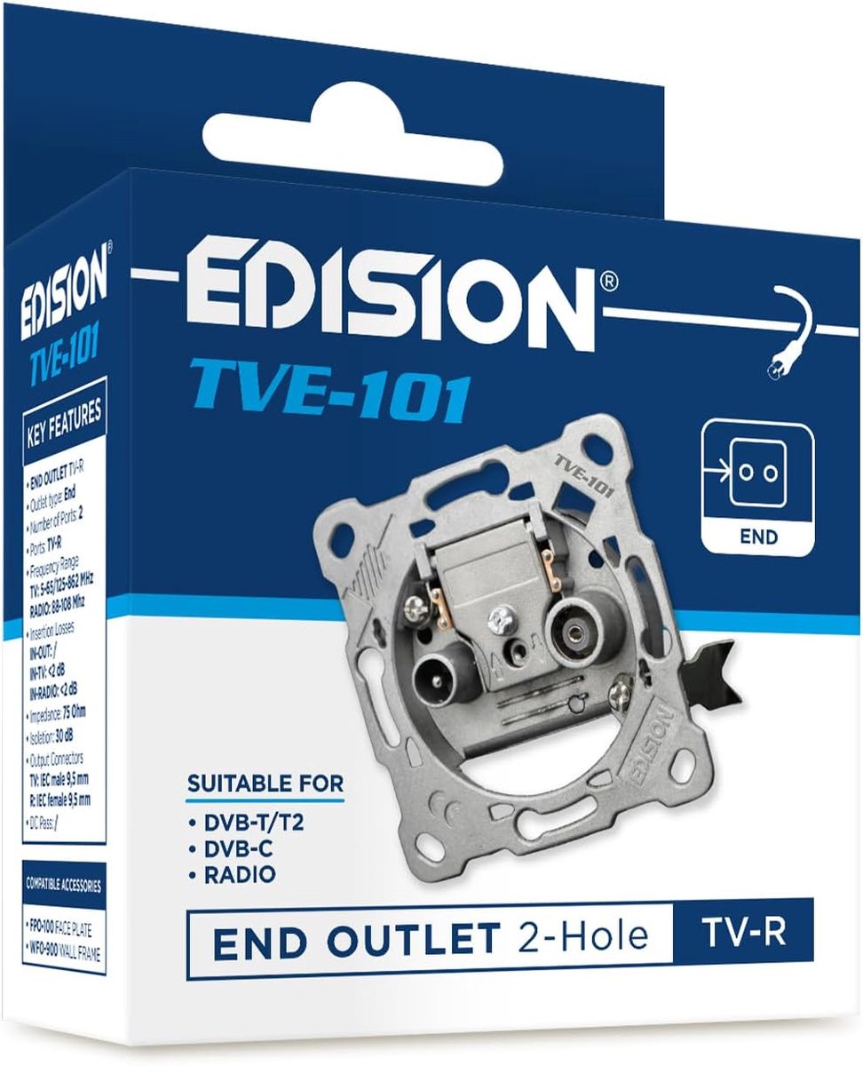 Universele TV/Radio Einddoos Inbouw 2-Gats voor DVB-T/T2, DVB-C en DAB+