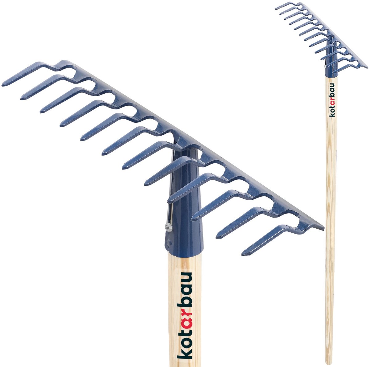KOTARBAU® Tuinhark, Bladhark, Staal, 32 cm, Marineblauw, met Houten Steel, 132 cm, 12 Tanden, voor Gazon, Stevige Hark, Metalen Hark, Ergonomisch Tuingereedschap