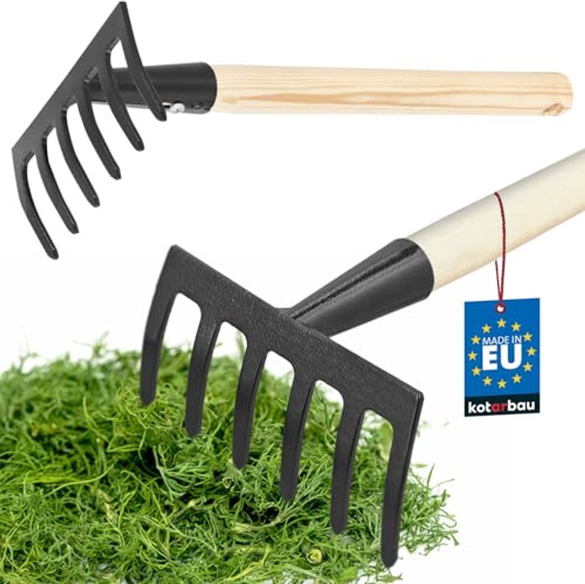 KOTARBAU® Tuinhark, Metalen Hark, 11,5 cm, Handhark met Houten Steel, 105 cm, Stevige Hark, voor Bloemenbedden, 6 Tanden, Ergonomisch, Compact Formaat, Zwart, Staal