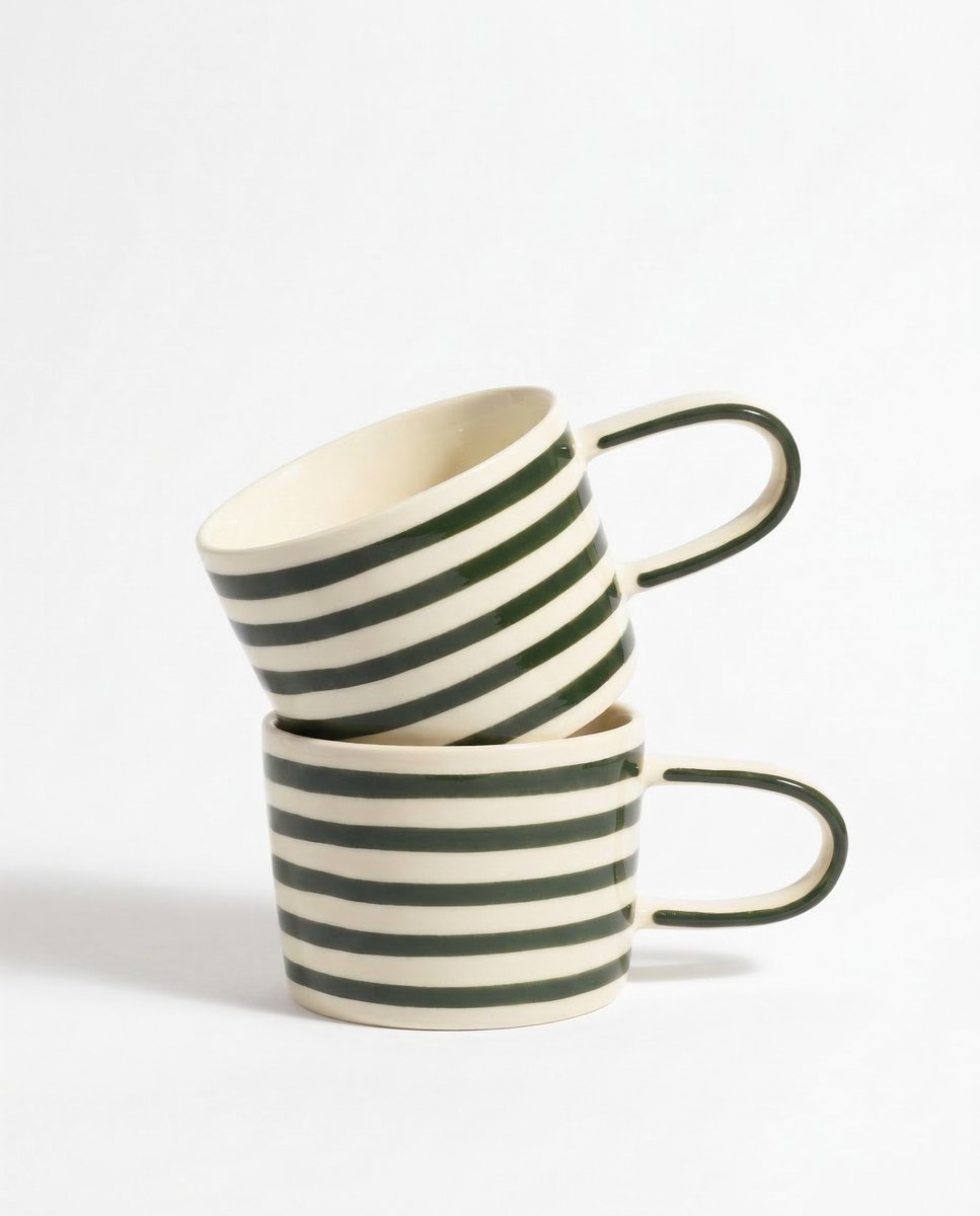 vtwonen - Mokken - Groen - Strepen - Set van 2 - Keramiek - 350ml