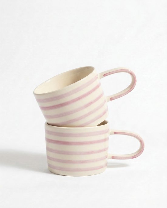 vtwonen - Mokken - Lila - Strepen - Set van 2 - Keramiek - 350ml