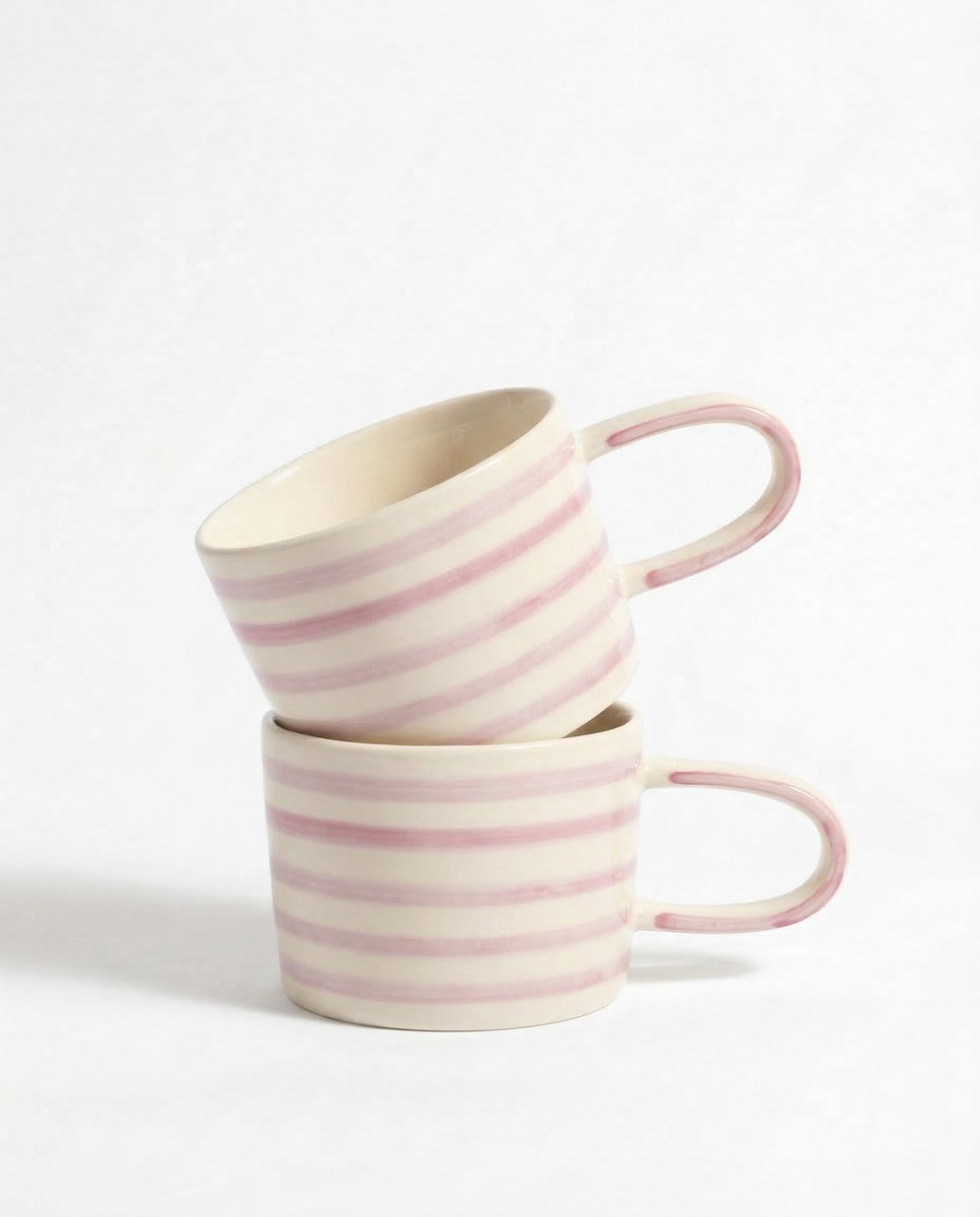vtwonen - Mokken - Lila - Strepen - Set van 2 - Keramiek - 350ml