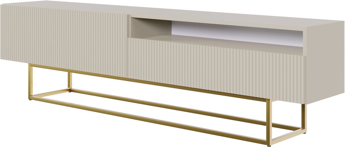 Selsey Veldio – TV-meubel met gefreesd front, open vak en goudkleurige poten, grijsbeige, 175 cm