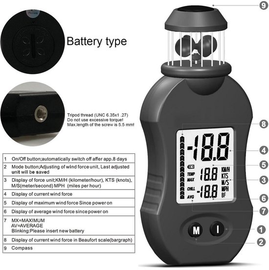 Digitale Windmeter Anemometer met Kompas - Meet Windsnelheid en Temperatuur van Merkloos — afbeelding 4