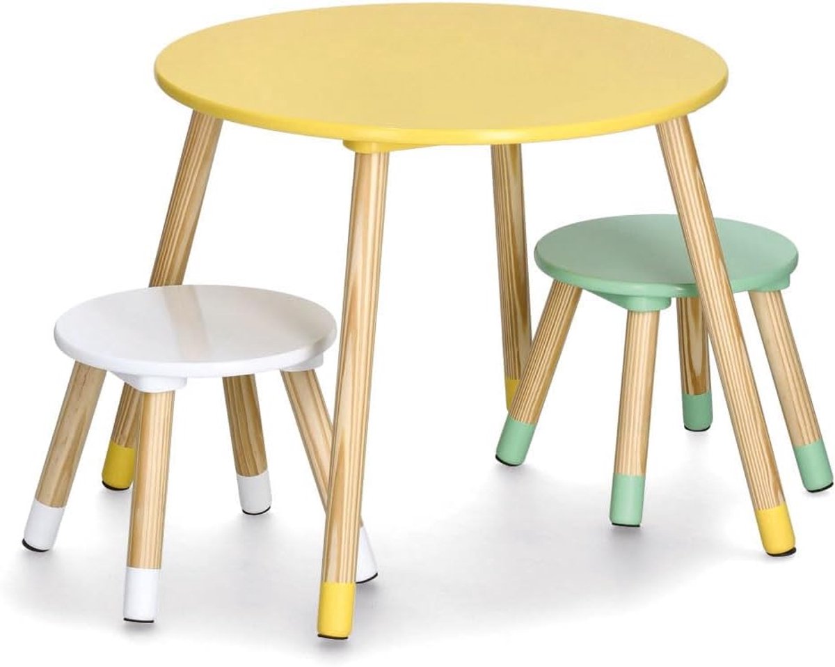 Ronde Kindertafel met 2 Stoeltjes - MDF en Grenen Hout - Perfect voor Kinderkamer of Speelhoek