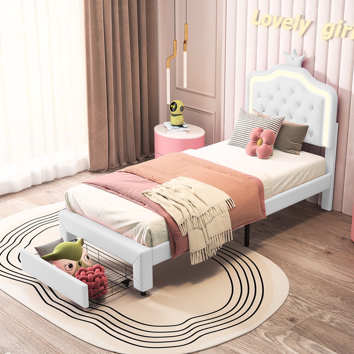 Prinsessenbed 90x200 Wit – Kinderbed met Lade – PU Leren Bedframe met Kristal Knopen & Kroon Hoofdbord – Meisjes Bed