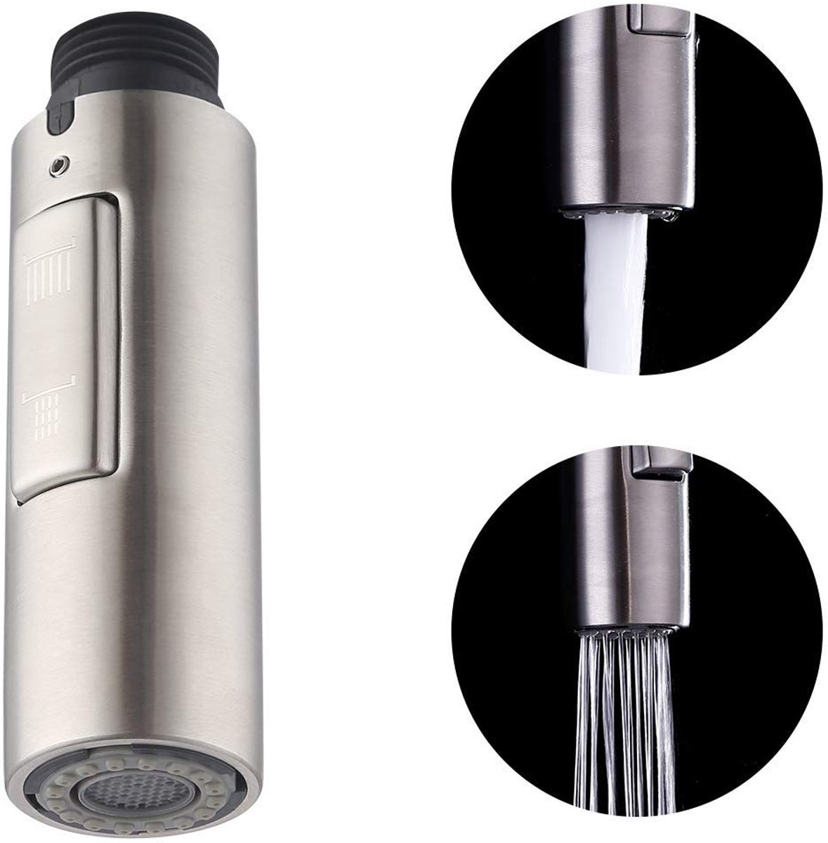longziming - Keukenkraan sproeier - Kraan opzetstuk - Vervangende kraankop - 1 stuk - 2-in-1 spray & stroom - SUS304 RVS - Geborsteld - G1/2 schroefdraad - Inclusief teflontape - Voor keukenkranen
