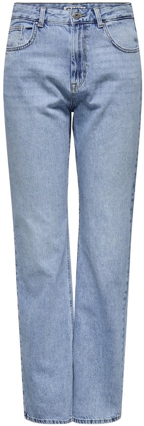 Lichtblauwe straight leg jeans, voorkant zichtbaar. Met riemlussen, knoop en gulp.