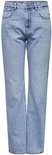 Lichtblauwe straight leg jeans, voorkant zichtbaar. Met riemlussen, knoop en gulp.
