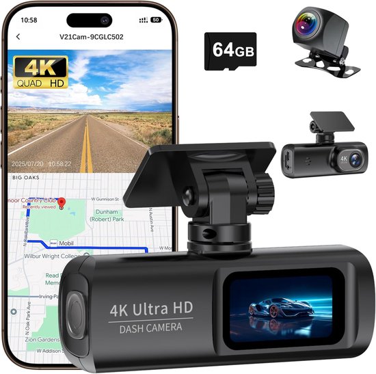 Dashcam met dubbele opnamefunctie voor en achter, 4K+1080P, ingebouwde wifi en gps, geschikt voor in de auto, bediening via een app, dubbele camera met nachtzicht, zwaartekrachtsensor, inclusief een geheugenkaart van 64 GB.
