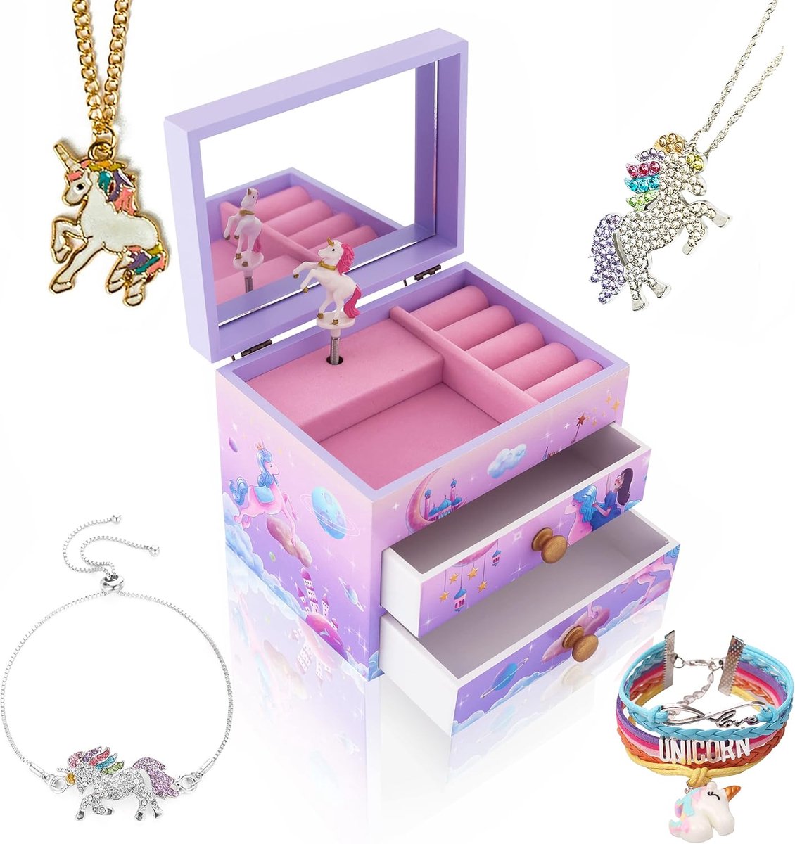 Muzikale Sieradendoos voor Meisjes met Eenhoorn Ketting en Armband - Houten Opbergkoffer