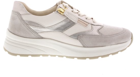 Beige Gabor sneaker van leer en suède met zilverkleurige accenten, ritssluiting en veters.