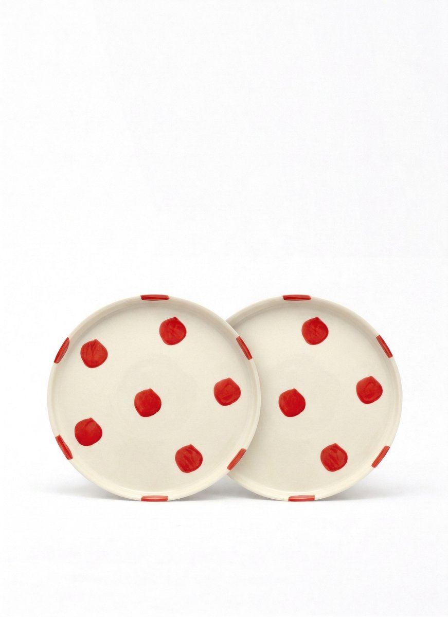 vtwonen - Borden - Lunchbord - Stippen - Rood - Set van 2 - Keramiek - 20cm
