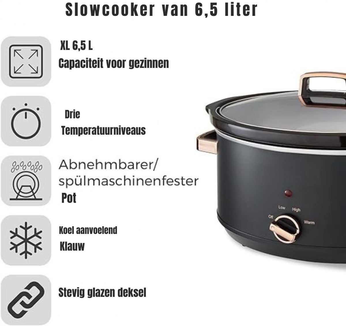 DYNA® Slowcooker met Timer - Crockpot - Stoompot - Inclusief Warmhoudfunctie - 6.5 Liter - Zwart -30cm x 42cm x 26cm – foto 7