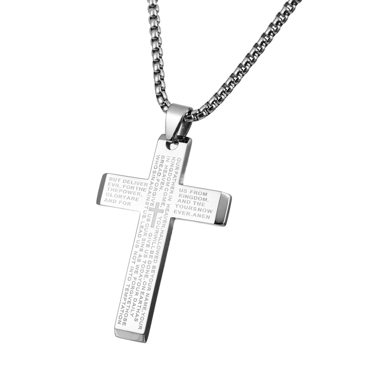 Decopatent - RVS Kruis Ketting met Onze Vader Gebed - Zilverkleurige Kruishanger - Christelijke Ketting voor Heren & Dames - 60 cm RVS Halsketting