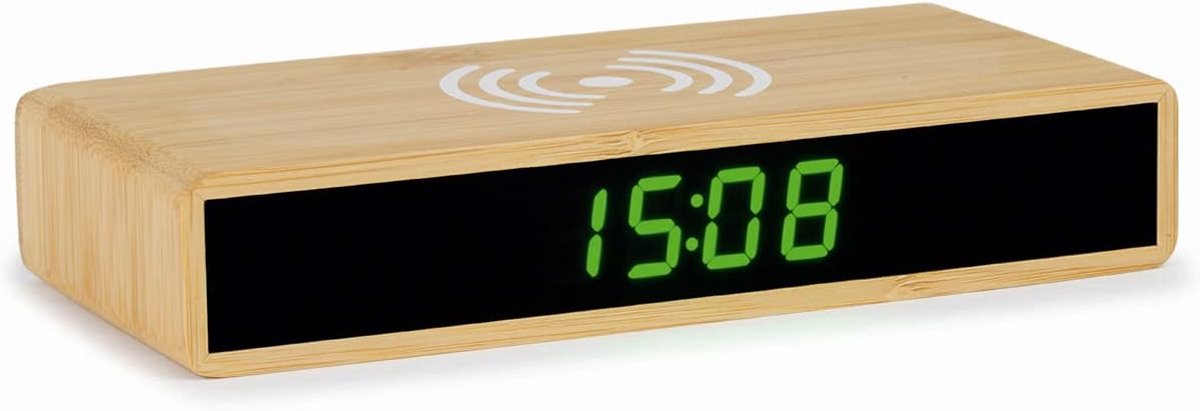 Digitale Wekker met LED Display, Draadloos Opladen en Bamboe Behuizing