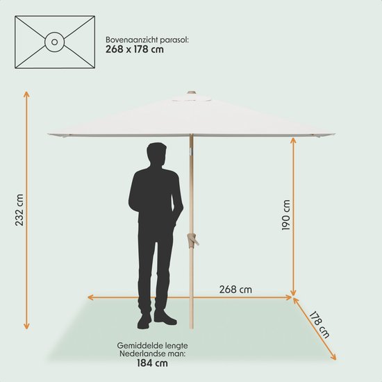 Afmetingen van een open witte parasol met houten paal naast een gestileerde man.