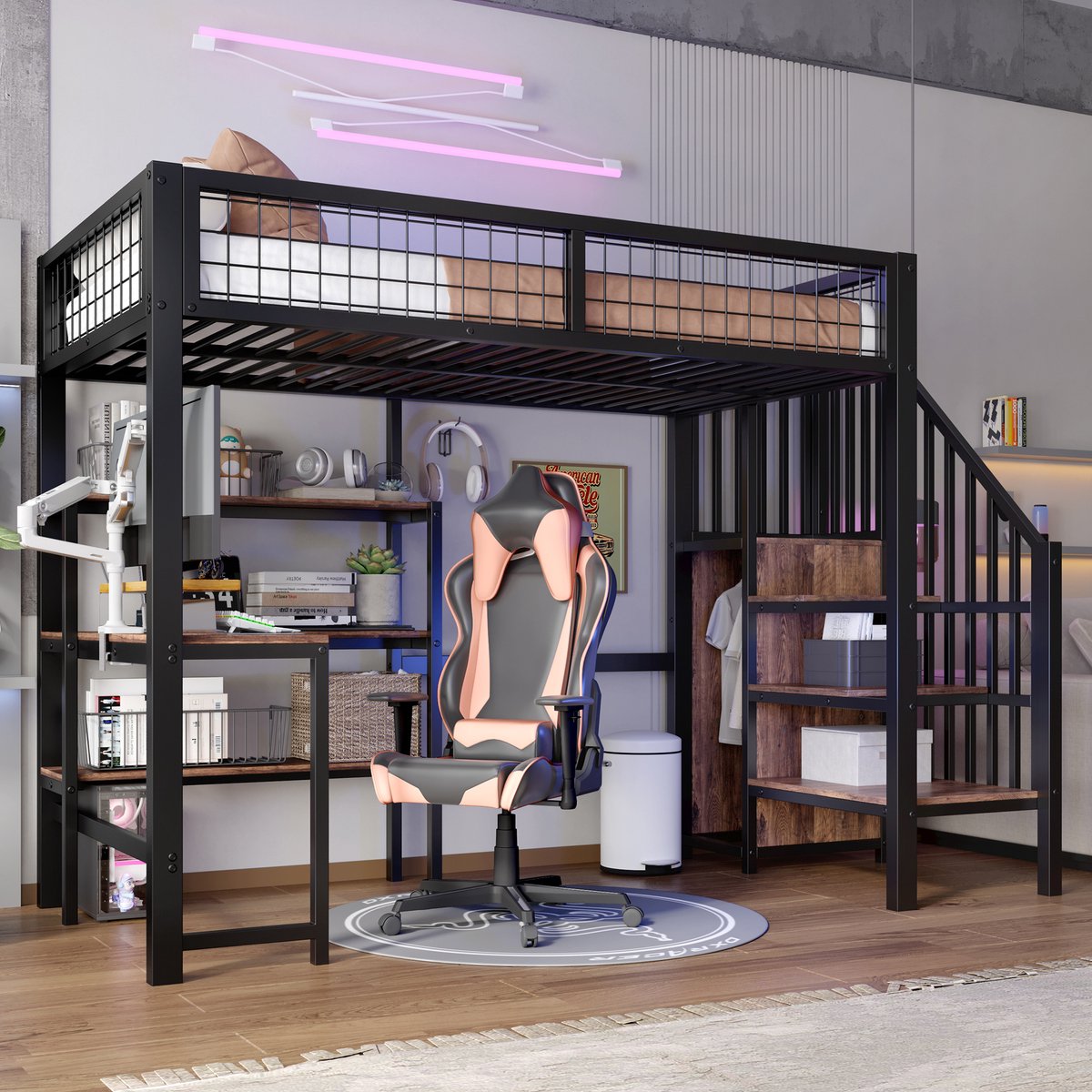 Wishdor Hoogslaper 90x200 cm - Met bureau & opbergplanken - Metaal en MDF - Zwart en bruin - Urban living voor compacte kamer Zwart + Bruin