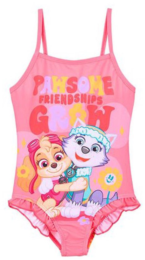 Roze badpak met Paw Patrol karakters Skye en Everest. Tekst 'PAWSOME FRIENDSHIPS GROW'.