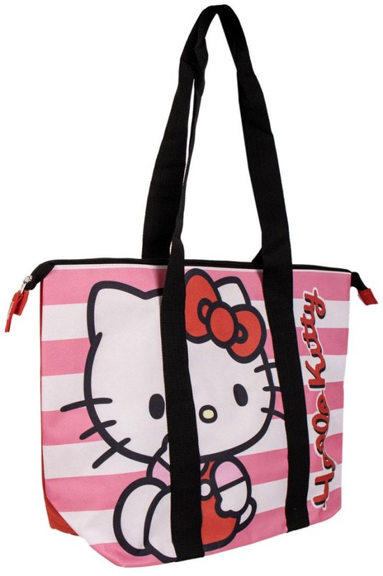 Een roze en witte gestreepte tas met een afbeelding van Hello Kitty en de tekst "Hello Kitty" erop.