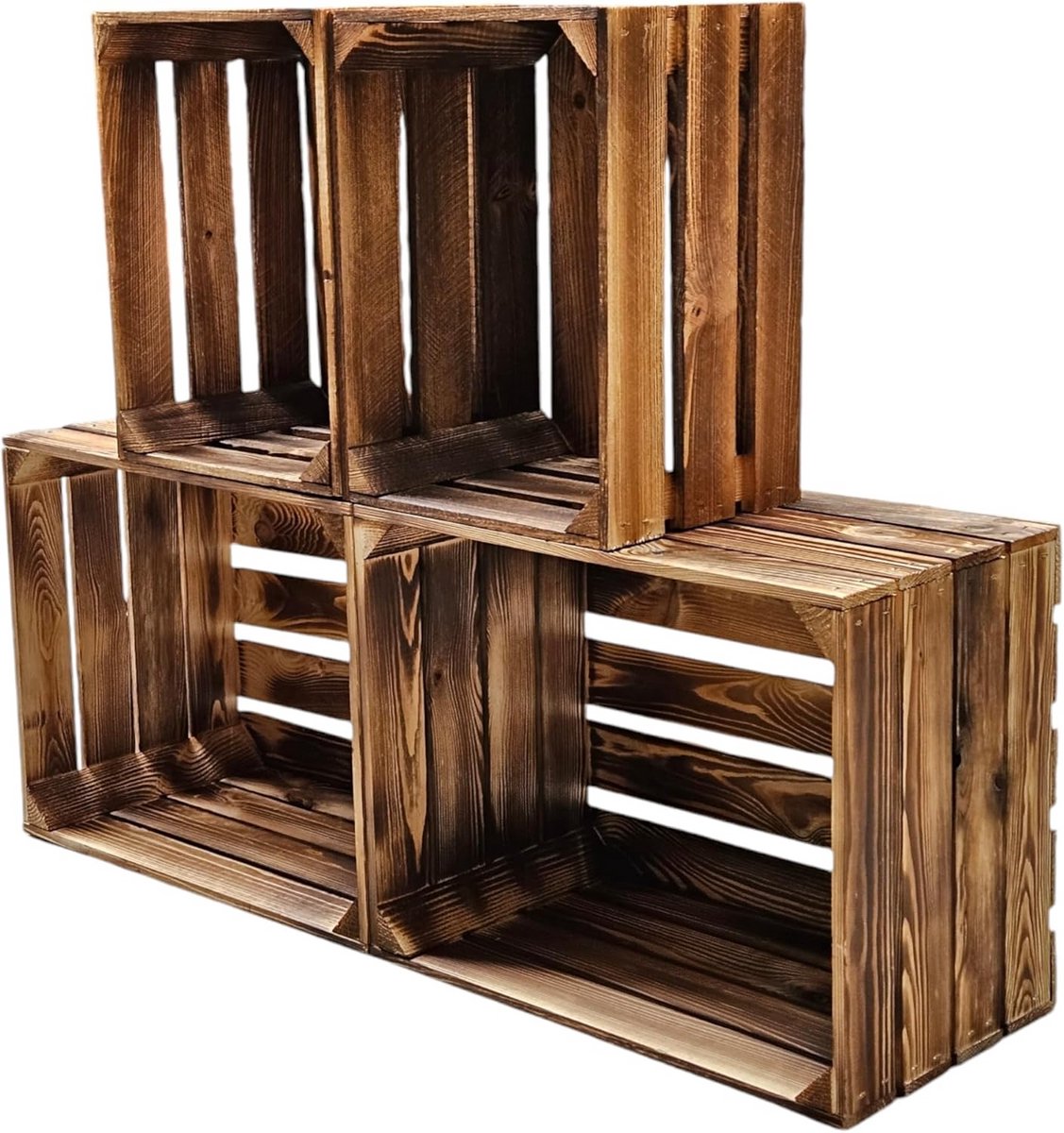 Set van 4 Gevlamde Houten Kisten voor Decoratie en DIY Projecten - Opslag en Meubelbouw