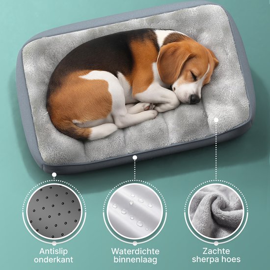 Beagle slaapt op een grijs hondenkussen met antislip onderkant, waterdichte binnenlaag en zachte sherpa hoes.