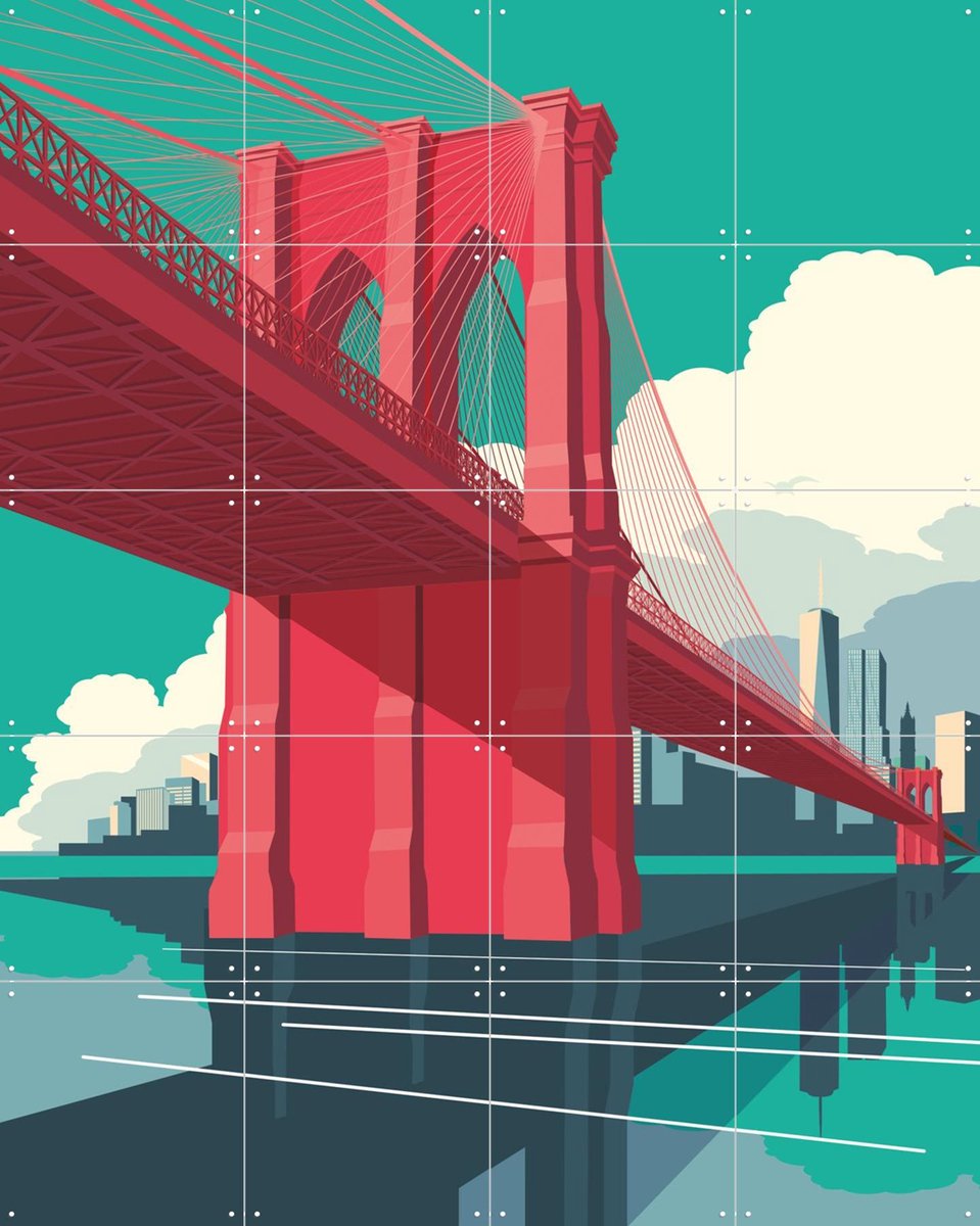 IXXI NYC - Brooklyn Bridge Red, Remko Heemskerk & Kunst in Kaart - 80 x 100 cm - Gratis ophangtool - Grote wanddecoratie en posters - Illustraties