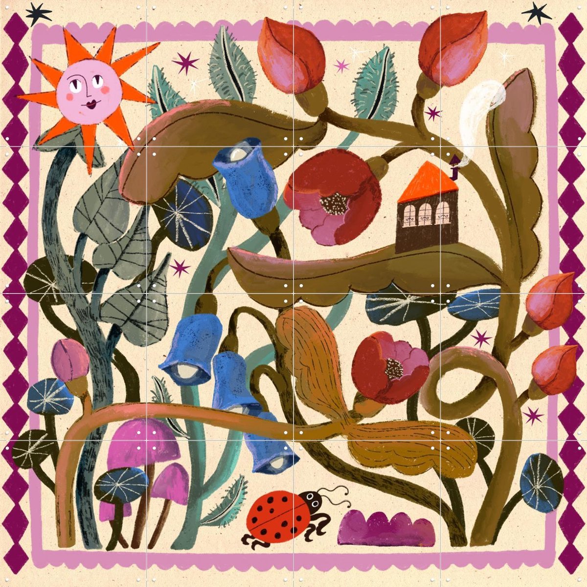 IXXI Blossom, Lena Addink - 80 x 80 cm - Gratis ophangtool - Grote wanddecoratie en posters - Digitale Kunst, Illustraties, Speels, Kinderkamer, Zon