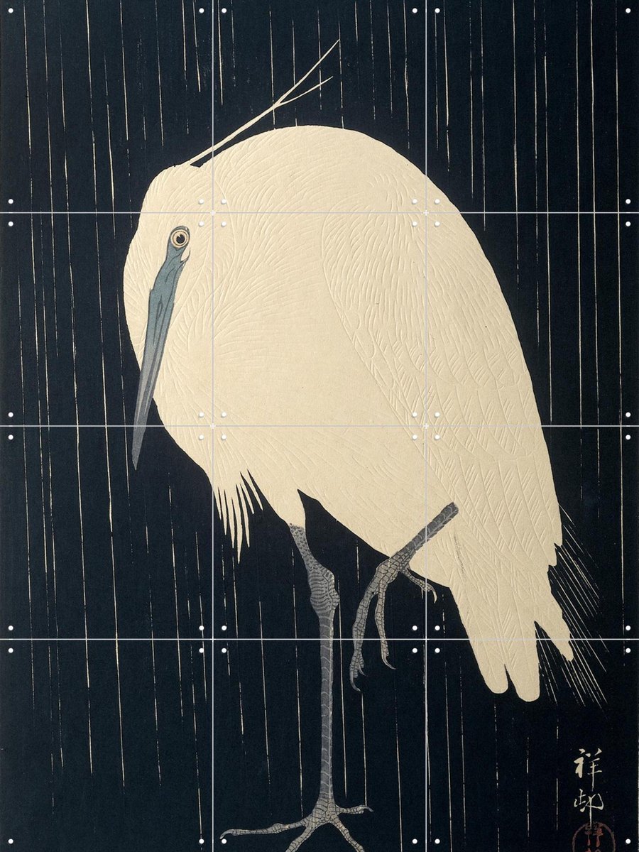 IXXI Zilverreiger in de regen, Ohara Koson & Rijksmuseum - 60 x 80 cm - Gratis ophangtool - Grote wanddecoratie en posters - Klassiek, Houtsnede