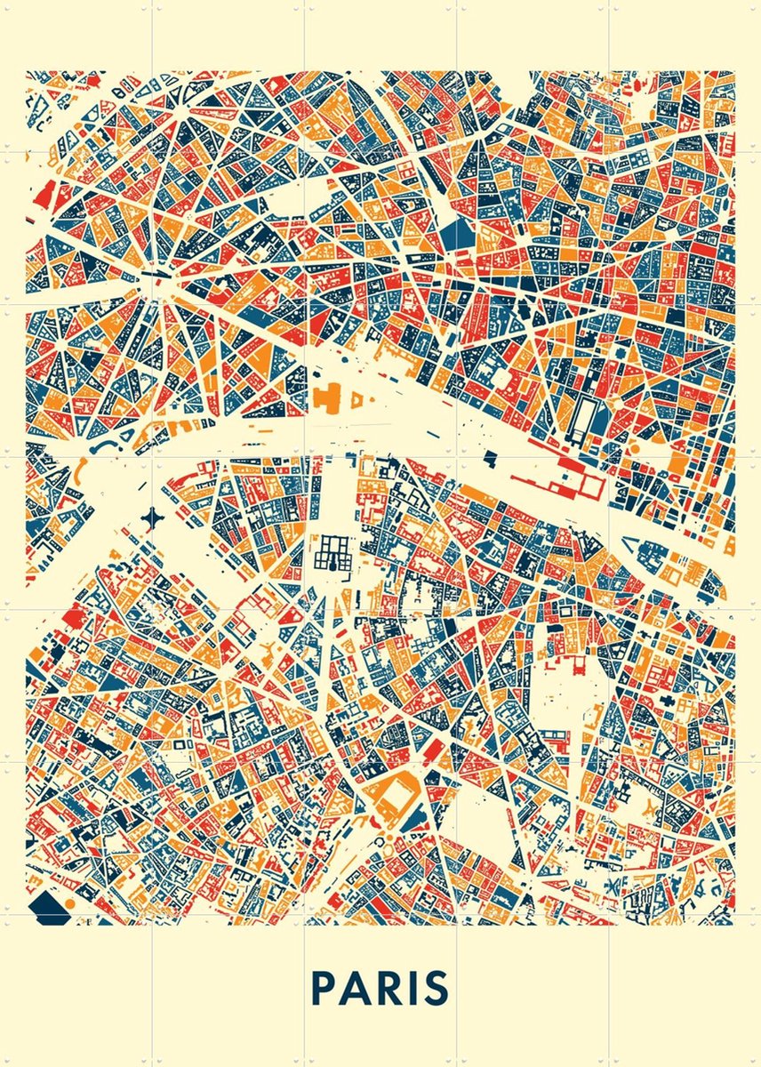 IXXI Paris Mosaic City Map, Kunst in Kaart - 100 x 140 cm - Gratis ophangtool - Grote wanddecoratie en posters - Grafisch Ontwerp, Illustraties