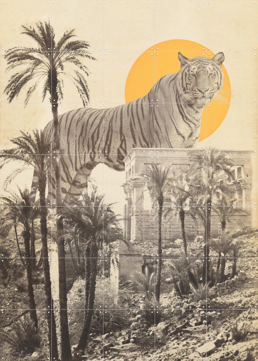 IXXI Giant Tiger in Ruins, Florent Bodart - 100 x 140 cm - Gratis ophangtool - Grote wanddecoratie en posters - Vintage, Gemengde Technieken