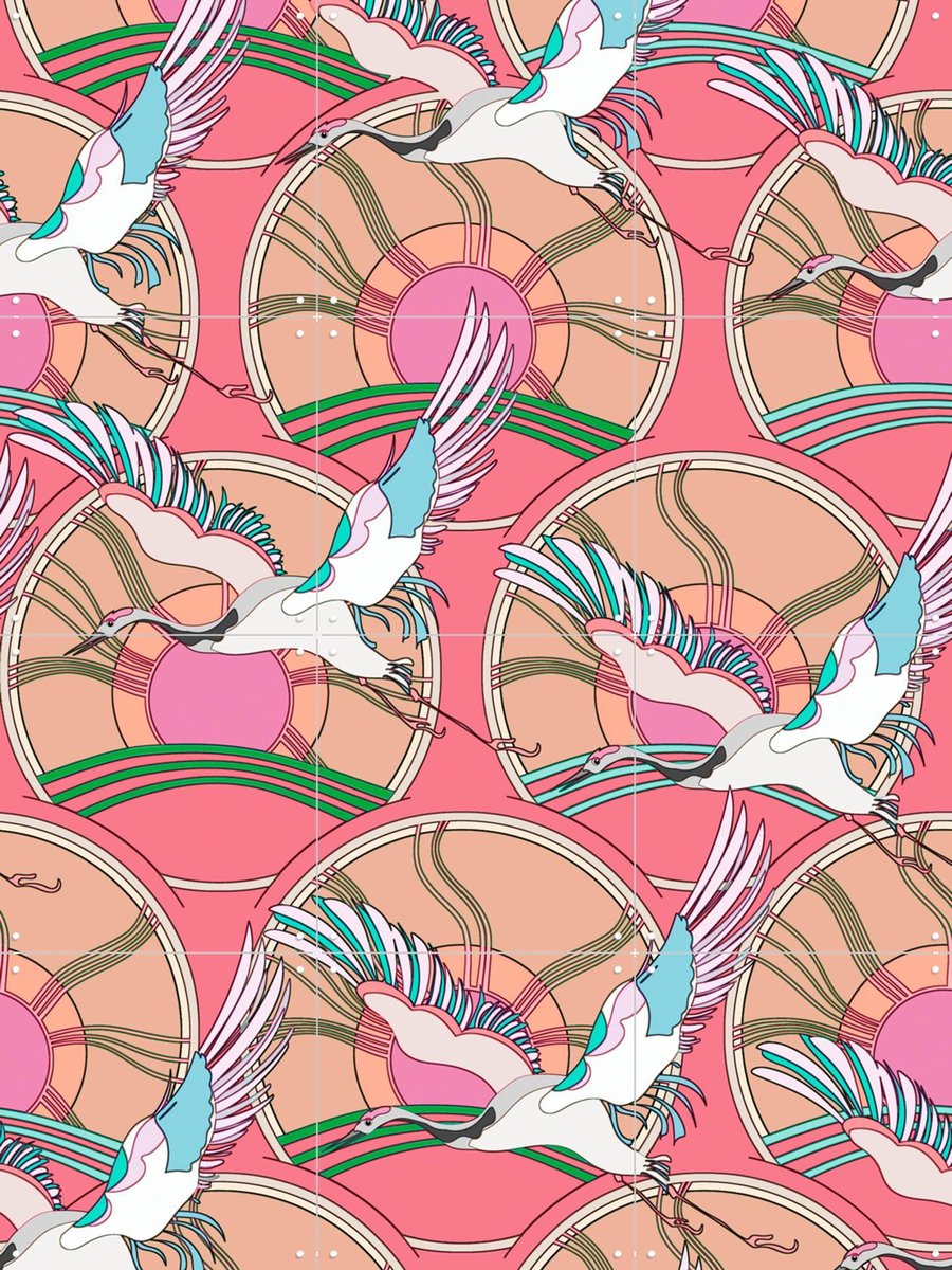 IXXI Crane Bird Pattern Pink, Marylène Madou - 60 x 80 cm - Gratis ophangtool - Grote wanddecoratie en posters - Speels, Art Nouveau, Illustraties