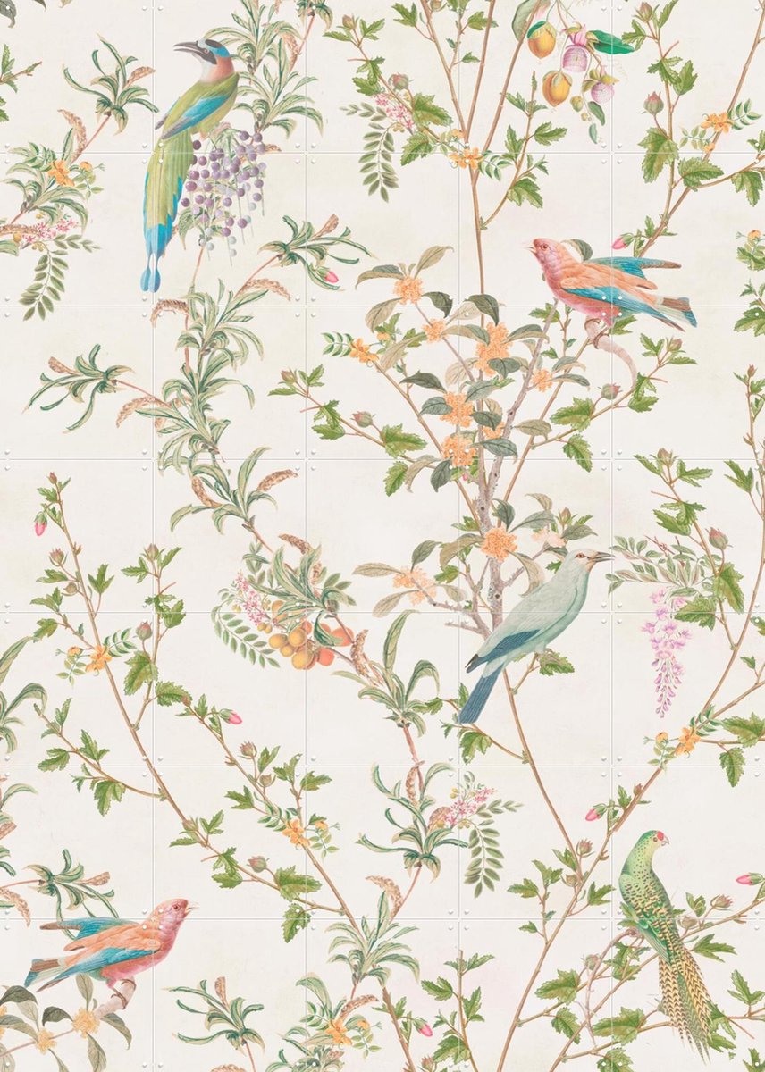 IXXI Chinoiserie vintage vines, fruit and birds - ivory, Bloomery Decor - 100 x 140 cm - Gratis ophangtool - Grote wanddecoratie en posters -