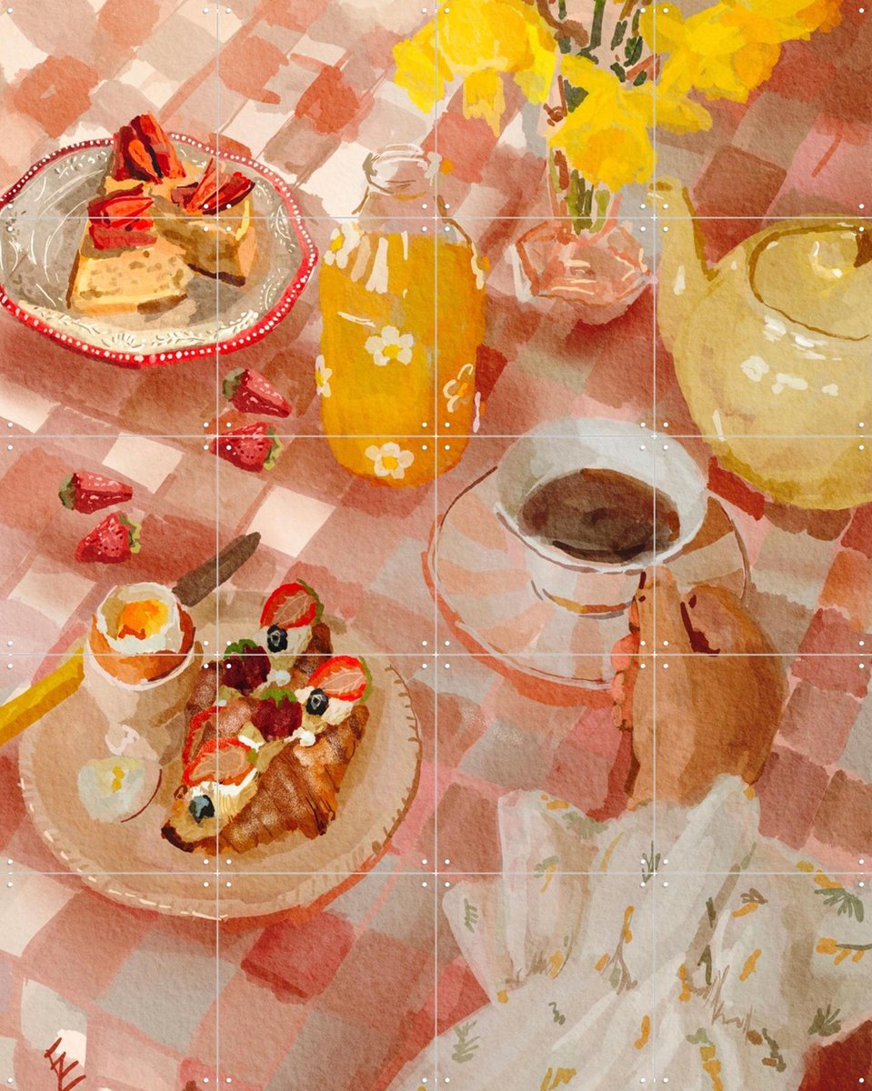 IXXI Spring breakfast, Ekaterina Zagorska - 80 x 100 cm - Gratis ophangtool - Grote wanddecoratie en posters - Aquarel, Kleurrijk, Illustraties