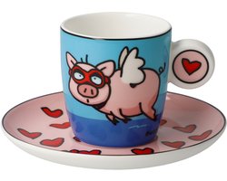 Goebel - Ed Heck | Kop en schotel Espresso When Pigs Fly | Porselein - 12cm - 100ml - 2 stuks