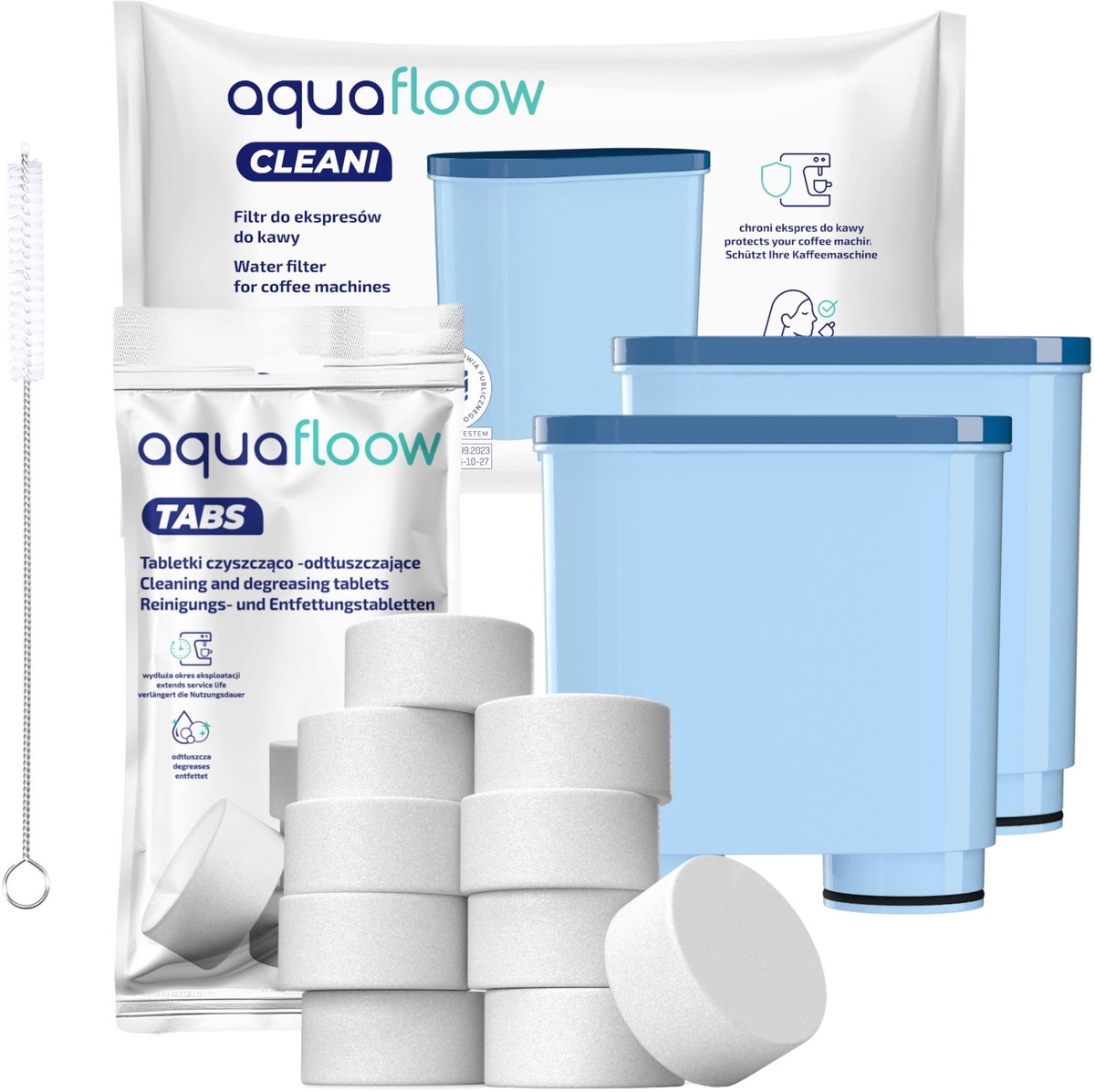 AquaFloow, set voor koffiemachines - 2x Waterfilter + Reinigingstabletten + Reinigingsborstel - vervanging AquaClean (CA6903) - compatibel met Saeco Phillips LatteGo Koffiemachines