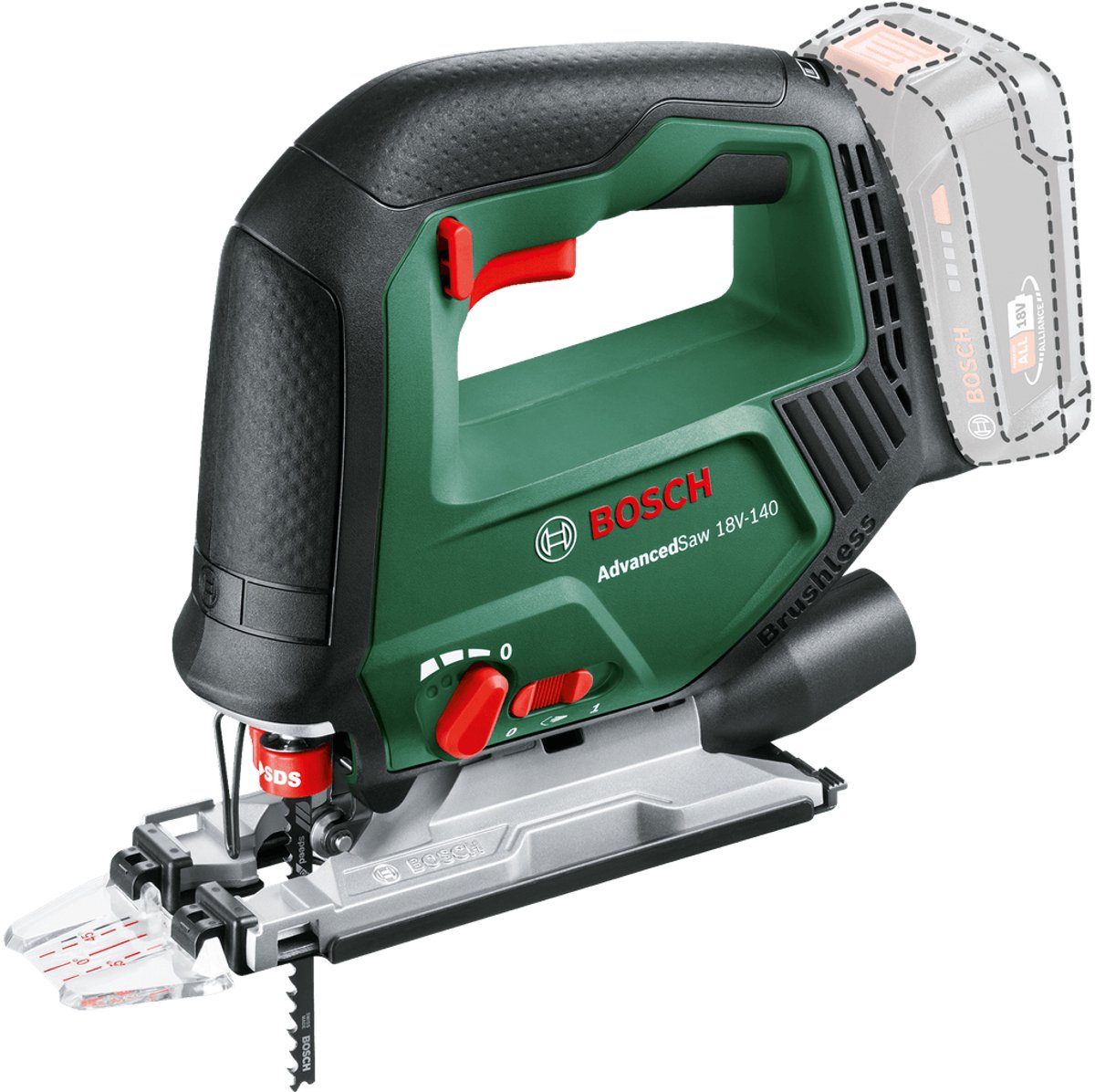 Bosch AdvancedSaw 18V-140 - Accudecoupeerzaag - Inclusief 3x zaagblad (T144D) - Cut control - Beschermingsschoen - Stofkap - Anti-splinterplaat - Exclusief lader en 18 V Li-Ion accu